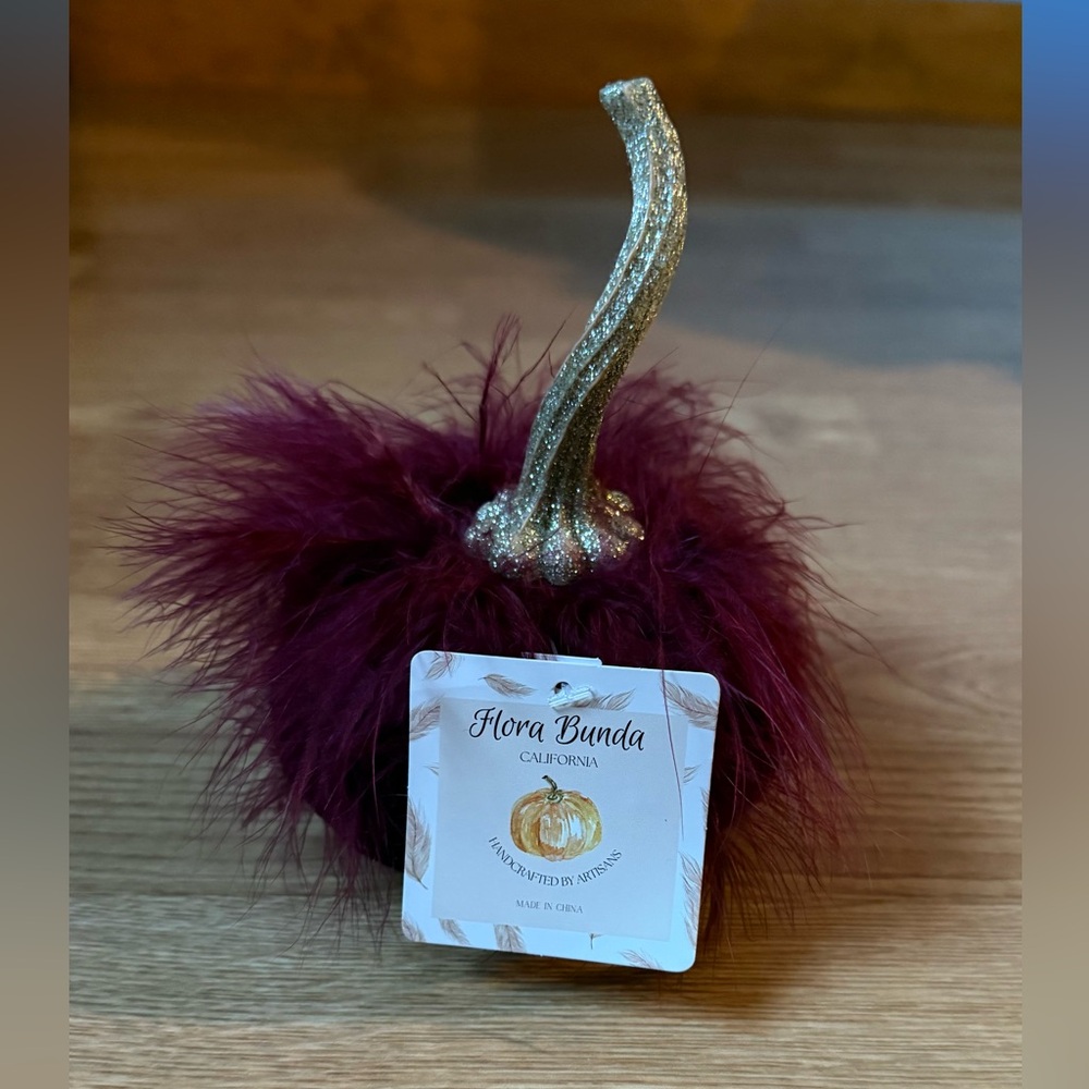 Burgundy Holiday Velour Pumpkin with Gold Stem